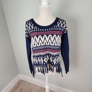 FLYING TOMATO WOMEN'S SOUTH WEST FRINGED BLUE AND CORAL SWEATER SIZE SMALL